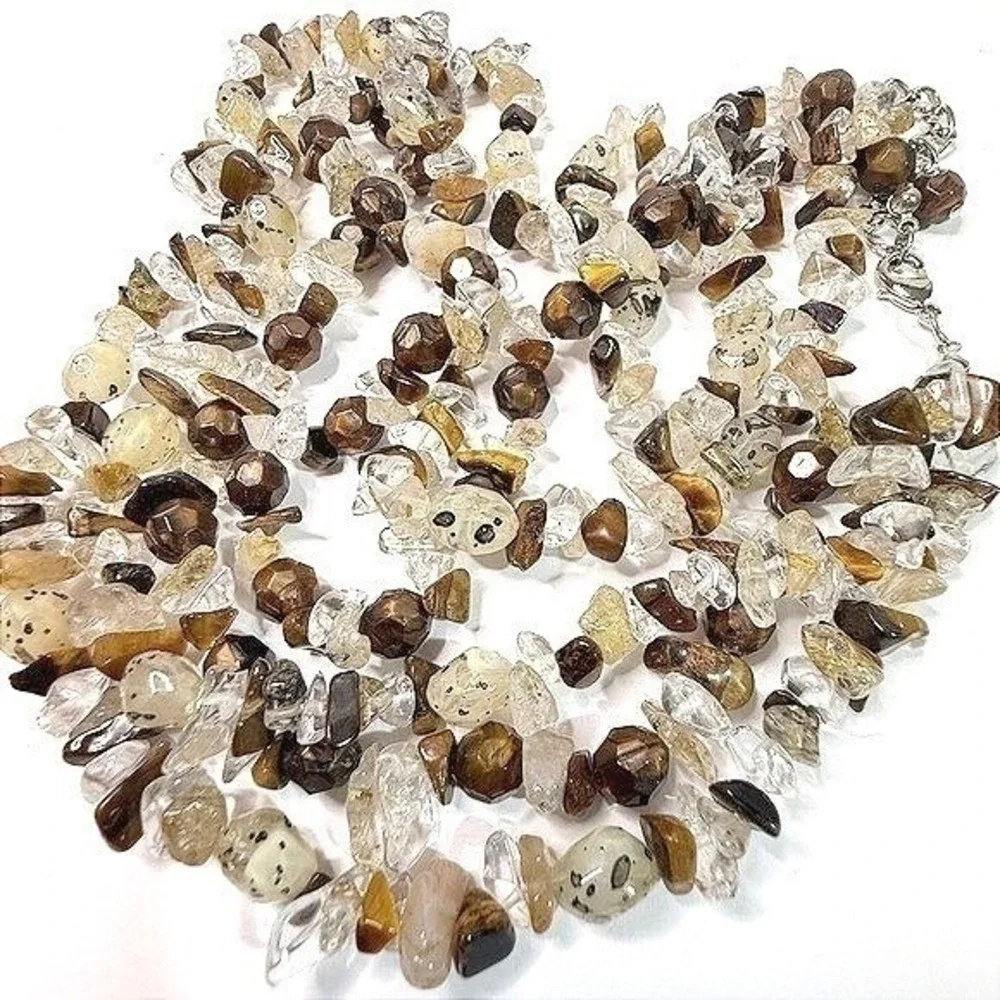 Beaded Three Strand Stone Necklace Lobster Brown‎ Tan Clear 19 to 23 in Jewelry